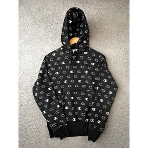 Champion Hoodie Womens Medium Black Reverse Weave Sweatshirt All Over Print